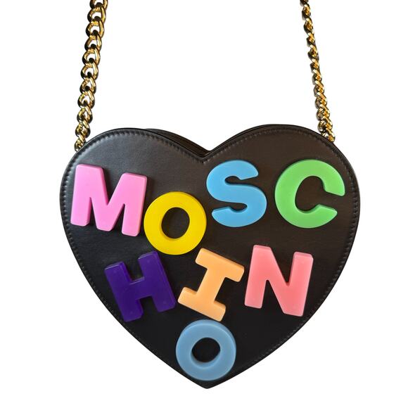 Moschino Heart Bag Leather Black Multicolored Crossbody Alphabet 90's Barbie - Picture 9 of 16